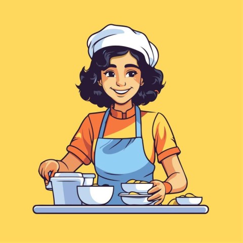 Chef woman cooking food. Vector illustration in flat cartoon sty