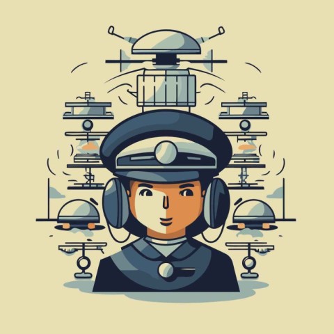 Vector illustration of a pilot in a helmet with a drone on the b