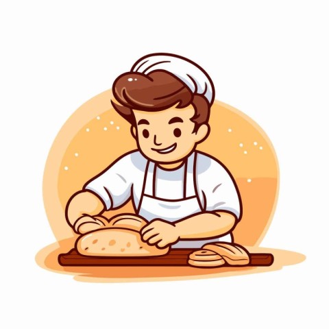 Baker boy kneading bread. Vector illustration in cartoon style