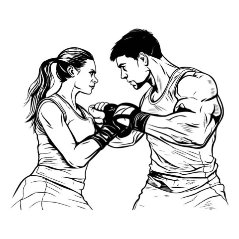 Boxing couple. Black and white vector illustration of a man and