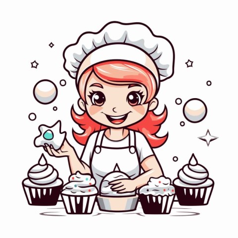 Cute cartoon chef girl with cupcakes. Vector clip art.