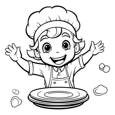 Black and White Cartoon Illustration of Little Chef Boy with Pla