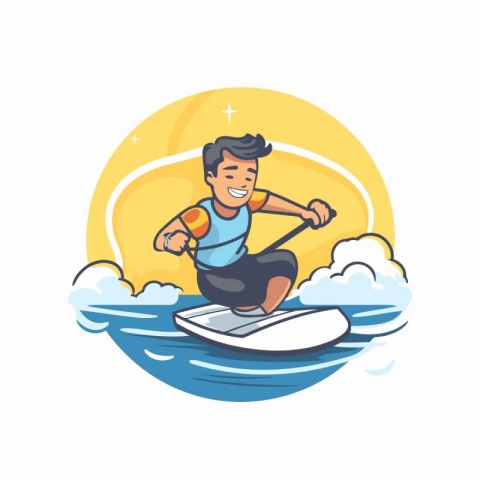 Man on a wakeboard in the sea. Vector illustration in cartoon st