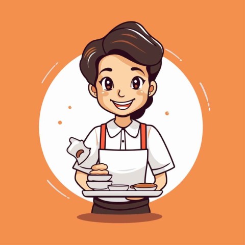 Cute boy chef in apron with plate of pancakes. Vector illustrati