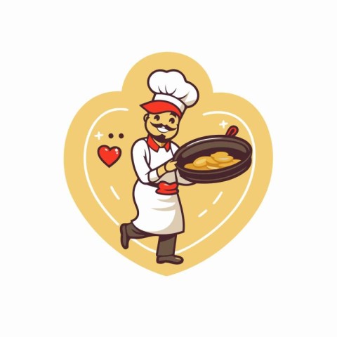 Chef cooking with frying pan in heart shape. Vector illustration