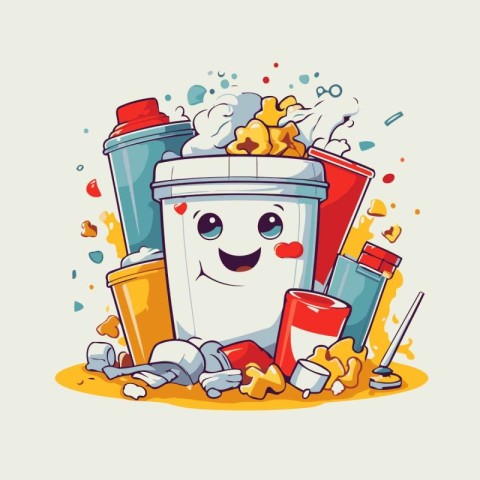 Cute cartoon bucket of popcorn and drinks. Vector illustration f