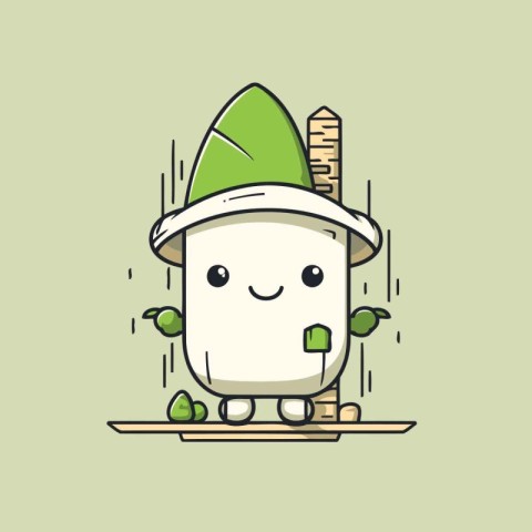 Cute cartoon ice cream character in a green hat. Vector illustra