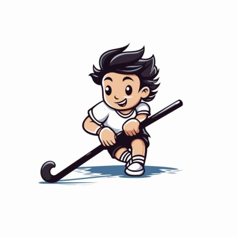 Cartoon hockey player with a stick. Vector illustration on white