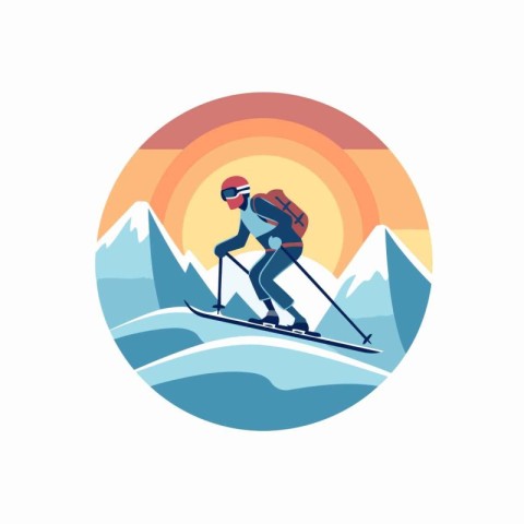 Skier in mountains. Extreme sport. Vector illustration in flat s