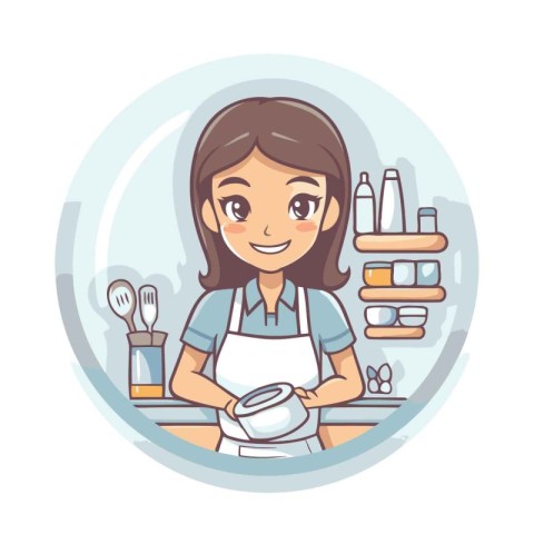 Cute girl cooking in the kitchen. Vector illustration in cartoon