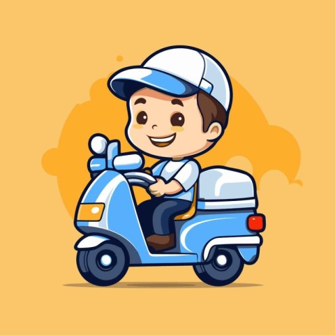 Cute boy driving a motorbike. Vector cartoon character illustrat