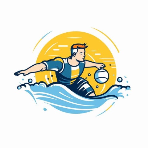 Water polo player with ball on the wave. Vector illustration.