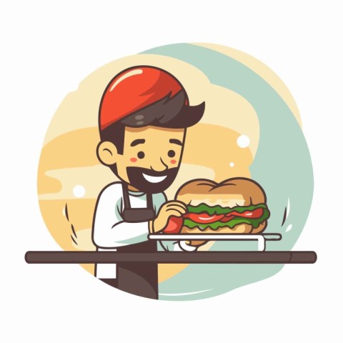 Chef with hamburger in cafe. Cheerful cartoon vector illustratio