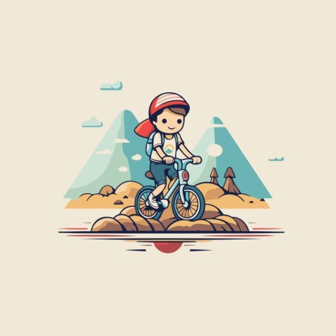 Girl riding a bicycle in the mountains. Vector illustration in f