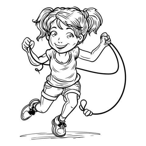 Vector illustration of a little girl jumping rope. Coloring book