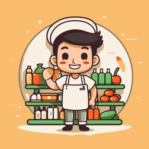 Cute cartoon chef in the supermarket. Cute vector illustration.