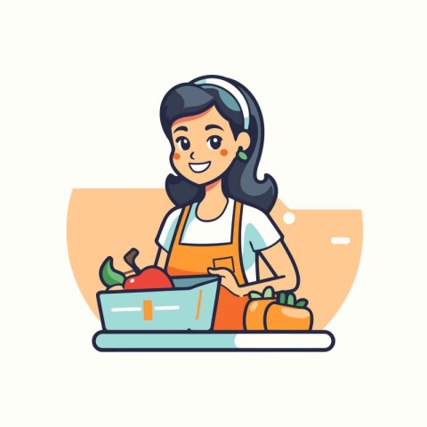 Young woman in apron with fruits and vegetables. Vector illustra