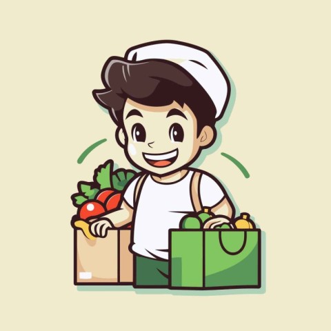 Cartoon boy with shopping bag full of vegetables. Vector illustr