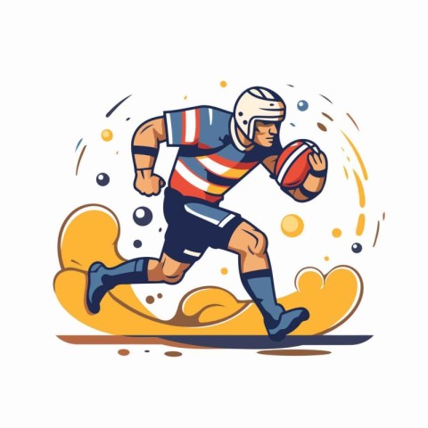 Rugby player running with ball. Colorful vector illustration.