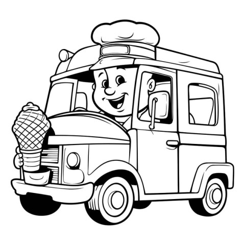 Cartoon Chef with Ice Cream Truck - Black and White Illustration