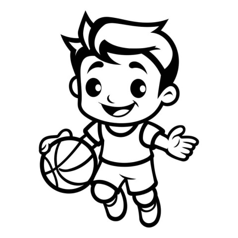 Cute Cartoon Boy Playing Basketball - Black and White Vector Ill