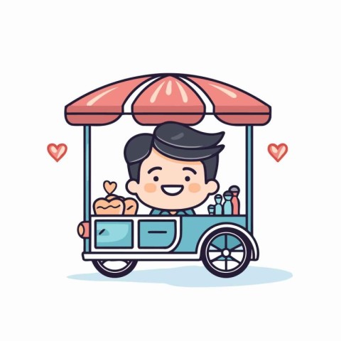 Cute cartoon man riding an ice cream cart. Vector illustration.