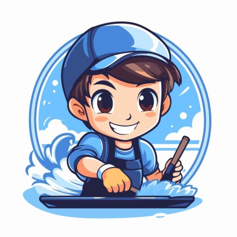 Cute little boy in water sportswear riding jet ski. Vector illus