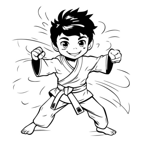 Karate boy - black and white vector illustration for coloring bo