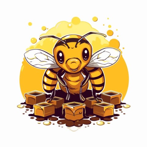 Cute cartoon bee with honeycombs. Vector illustration isolated o