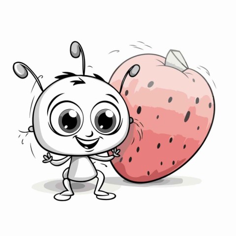 Cute cartoon bug with a big red apple. Vector illustration.