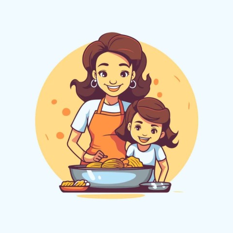 Mother and daughter cooking together. Vector illustration in fla