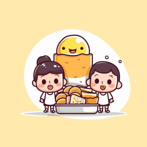 Illustration of cute kids eating bread and ice cream. Vector ill