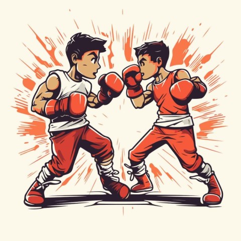 Two Boxers in red boxing gloves. Vector illustration in retro st