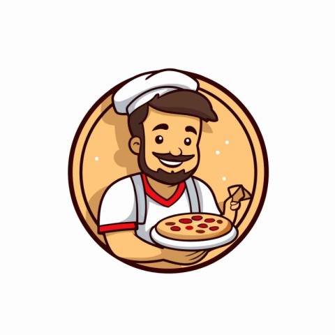 Illustration of a pizza chef with pizza in a round plate.