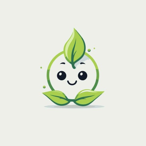 Cute Smiling Emoji Face with Green Leaves. Vector Illustration