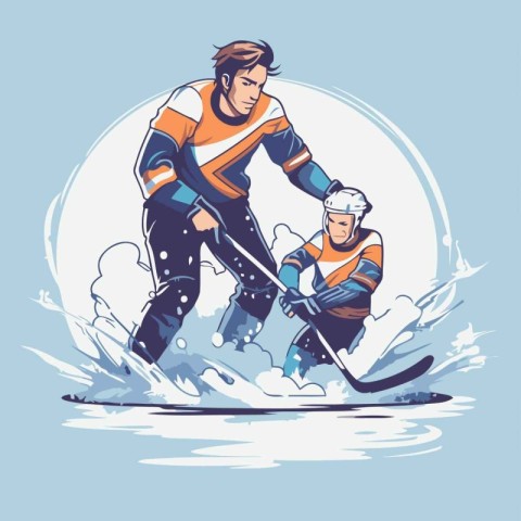 Two men playing ice hockey. Vector illustration in retro cartoon