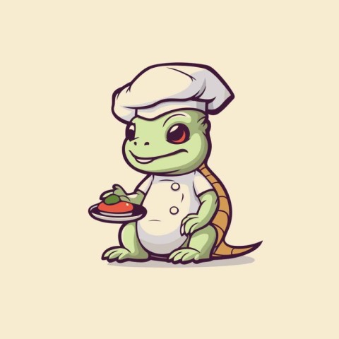 Cute crocodile chef with a plate of food. Vector illustration.