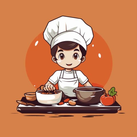 Cute little chef boy cooking in the kitchen. Vector illustration