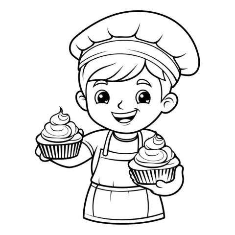 Coloring Page Outline Of Cartoon Cute Little Boy Chef With Cupca