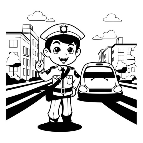 Cute policeman cartoon in the city street scenery vector illustr