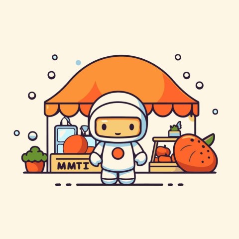 Cute astronaut in outer space with box of food. Vector illustrat