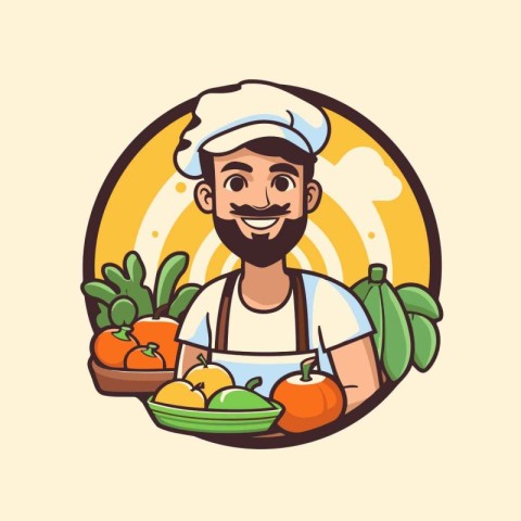 Handsome man in chef hat and apron with fruits. Vector illustrat