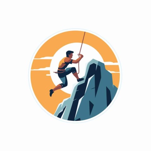 Rock climber climbing up a mountain. Vector illustration in retr