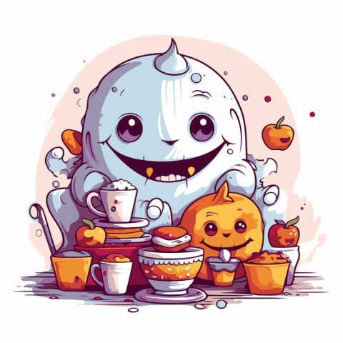 Vector illustration of a cute cartoon ghost with a cup of coffee