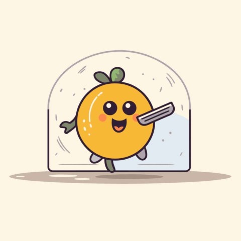 Cute tangerine character in ice cube. Vector illustration.