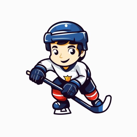 Cute cartoon boy hockey player with the stick and puck. Vector i