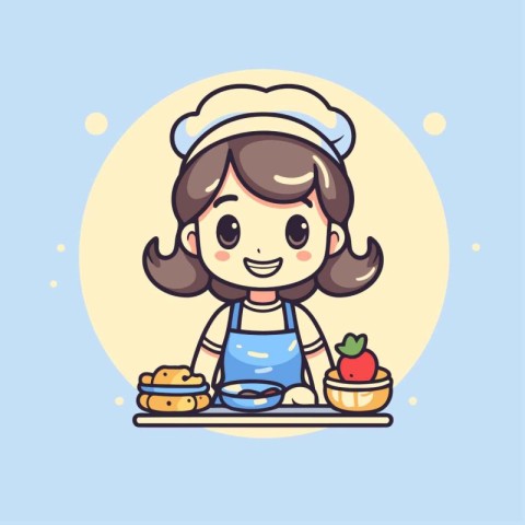 Cute little girl chef cartoon character vector illustration. Cut