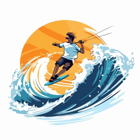 Surfer on the background of the sea. Vector illustration in cart