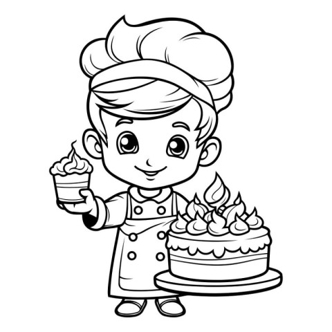 Black and White Cartoon Illustration of Cute Little Boy Chef Cha