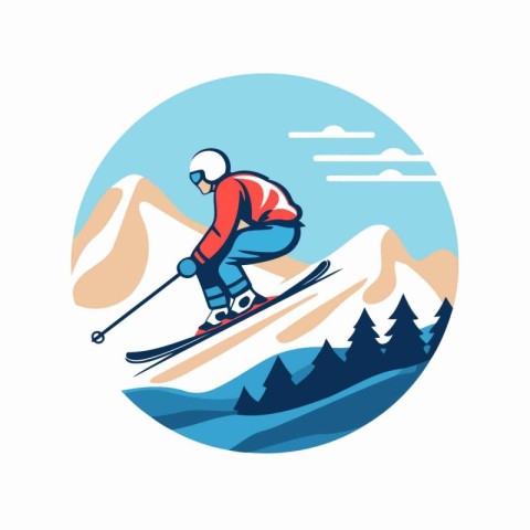 Skier skiing in the mountains. Vector illustration on white back